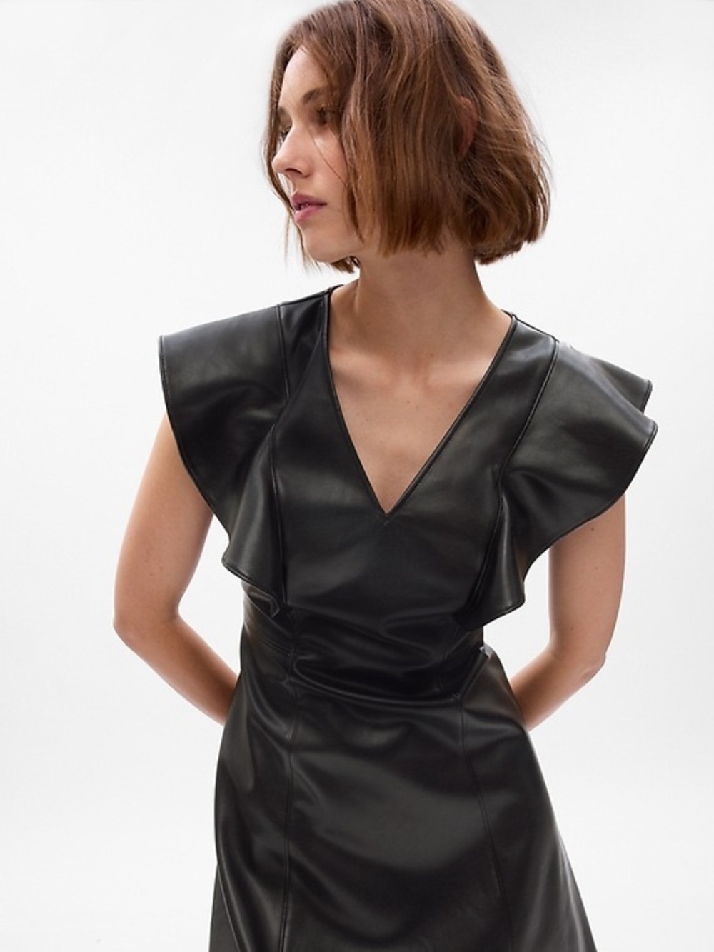GAP Black Faux Leather V-Neck Ruffle-Trim Mini Dress
